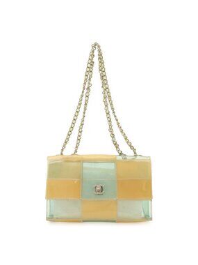 Chanel Chocolate Bar CC Logo Chain Shoulder Bag Vinyl Light Blue Beige Silver